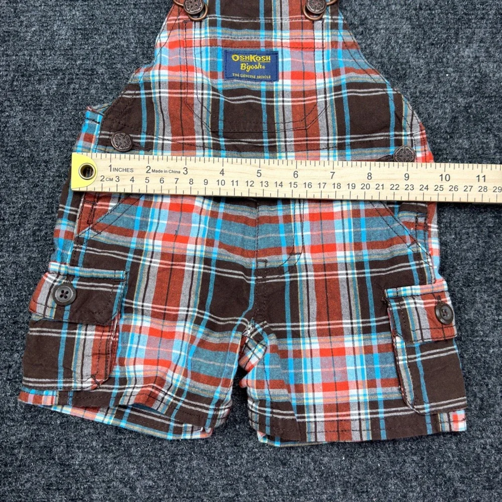 OshKosh Bgosh Baby Boys Plaid Cargo Shortalls Brown Orange Blue Utility Overalls